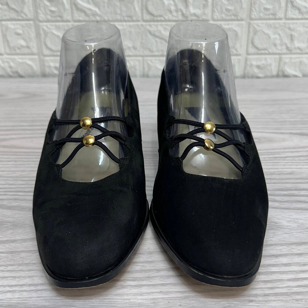 Mootsies Tootsies Shoes SZ 7.5 Pump Black Suede Chunky Heels Cross Elastic Strap